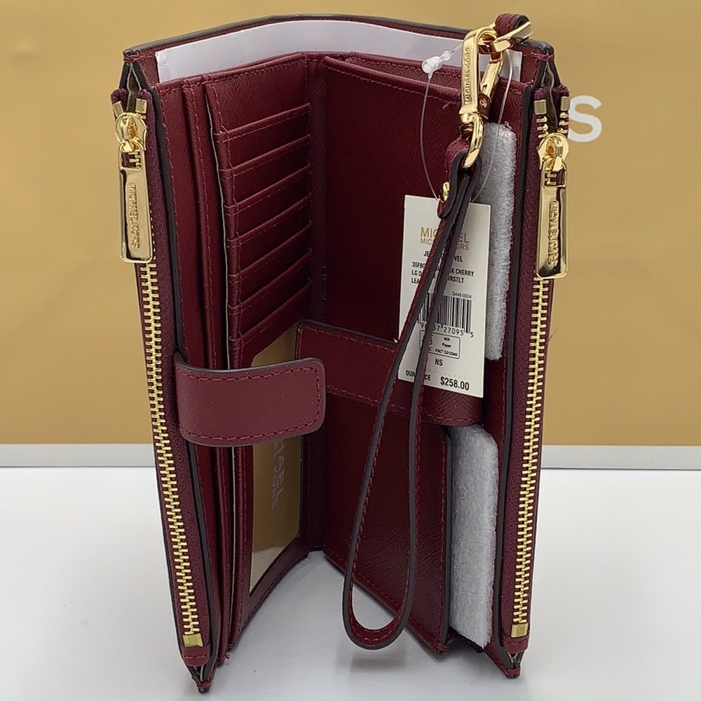 MICHAEL KORS LARGE DOUBLE ZIP WRISTLET WALLET DARK CHERRY COLOR MERLOT MULBERRY - Picture 4 of 16